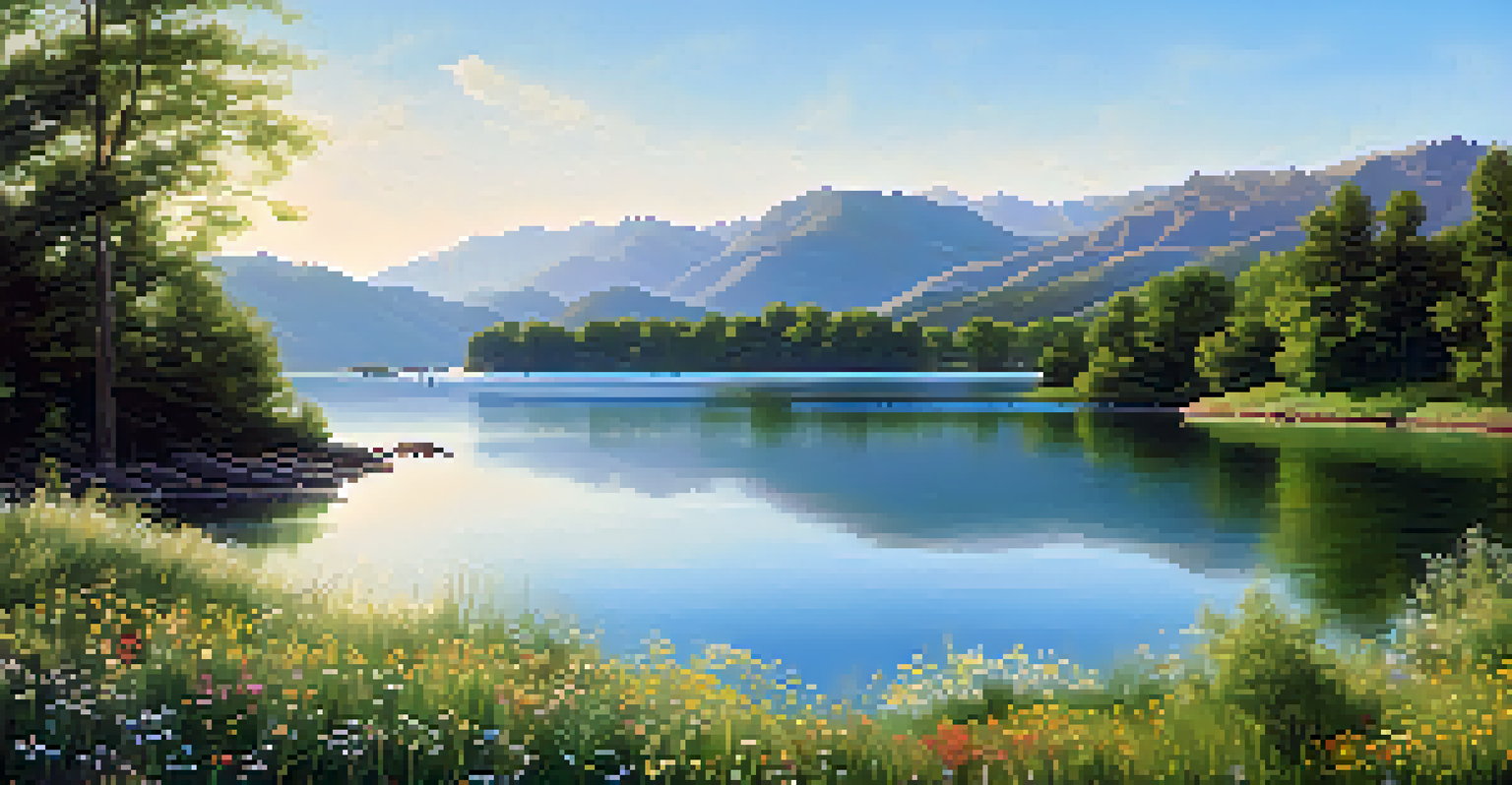 A tranquil lake scene surrounded by lush mountains and wildflowers, reflecting the serene beauty of nature.