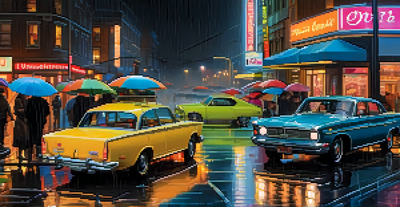A rainy urban street at night with neon reflections and people with umbrellas.