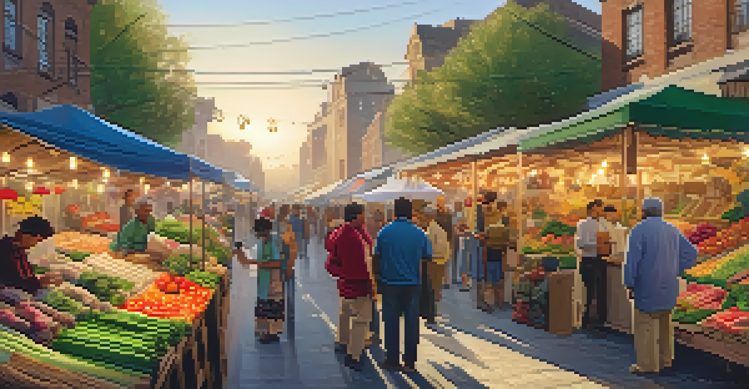 A vibrant street market with colorful stalls and people interacting under warm sunset lights.