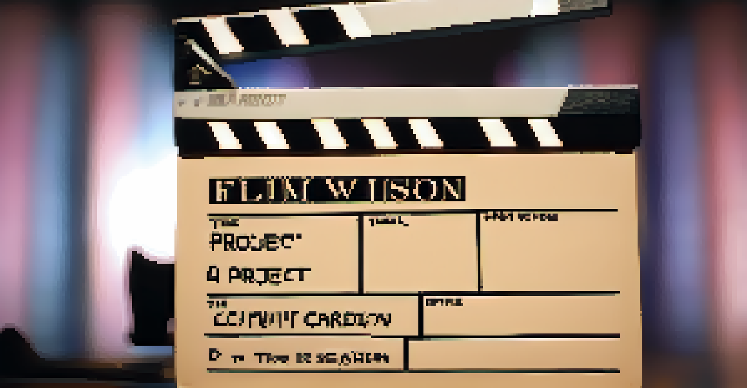 A close-up of a clapperboard with the title 'Project Vision' in front of a blurred movie set background.