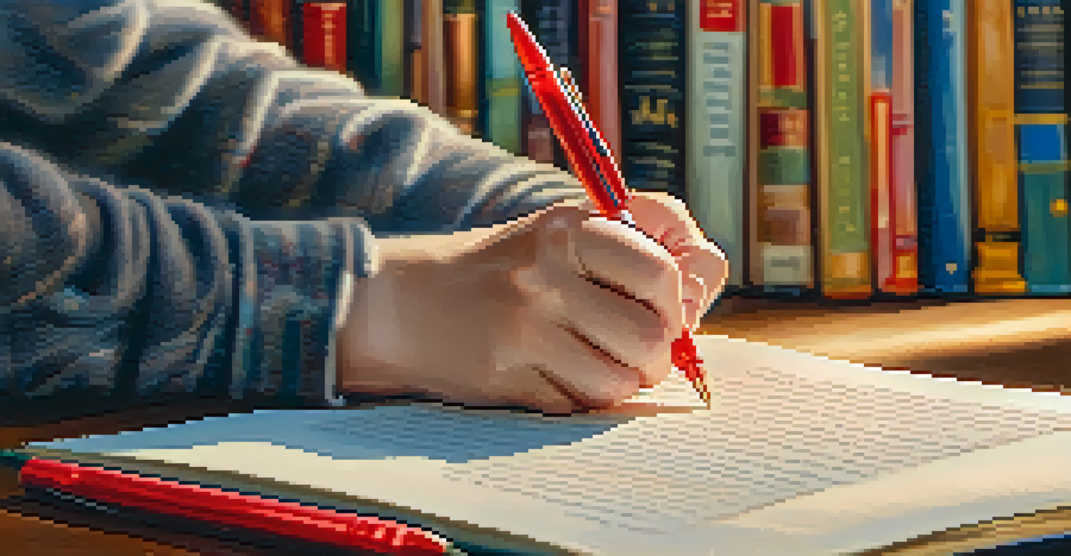 A close-up of hands editing a manuscript with red pen marks, surrounded by a softly lit bookshelf.