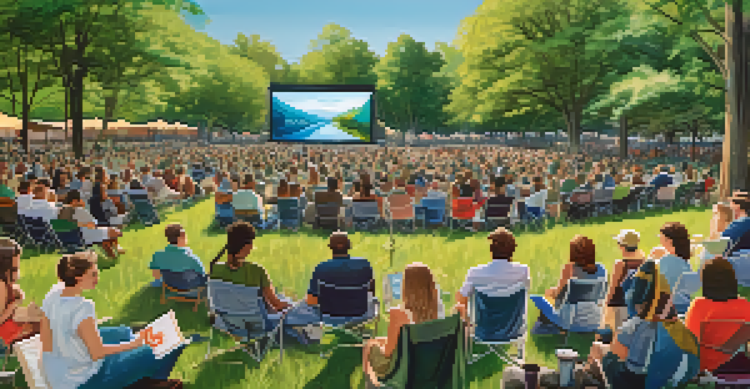 An outdoor film festival with a screen showing an environmental documentary and a diverse audience engaged in conversations.