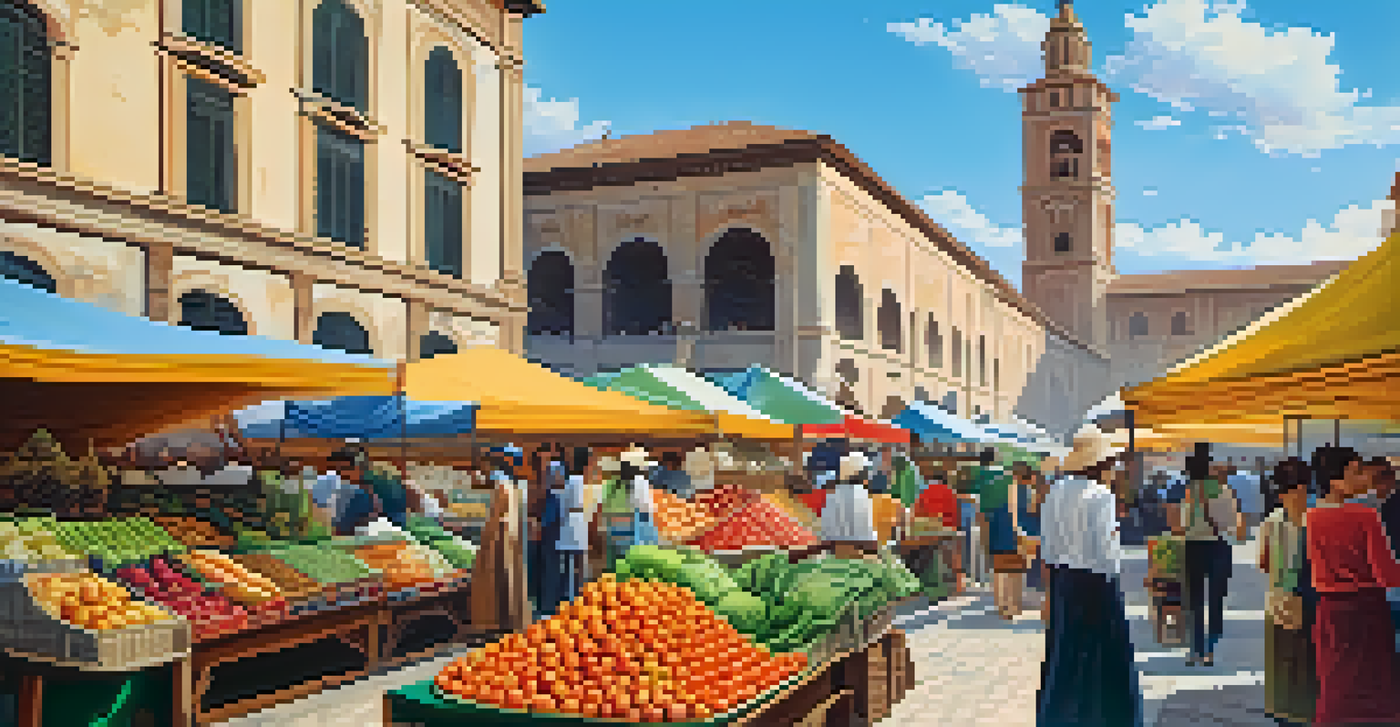 A lively outdoor market filled with colorful fruits and vegetables, with people interacting and historic buildings in the background.