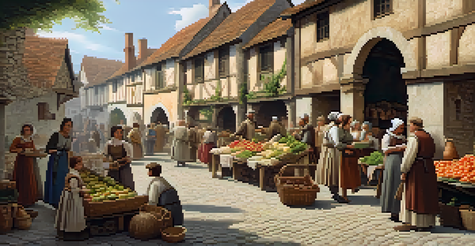 A lively medieval village market scene with vendors, villagers in period clothing, and children playing.