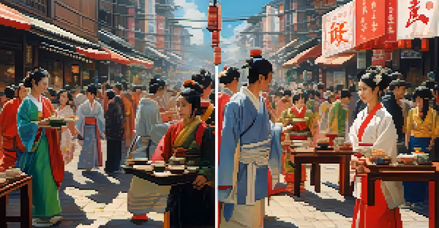 A split-screen of a South American street festival and a Japanese tea ceremony, showcasing cultural diversity in film.