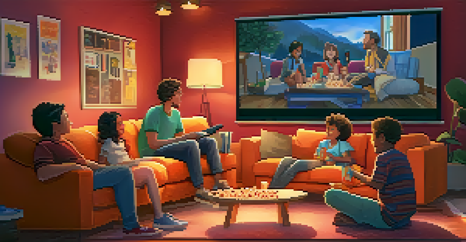 A cozy living room with students enjoying an animated film screening, surrounded by snacks and comfortable cushions in a warm setting.