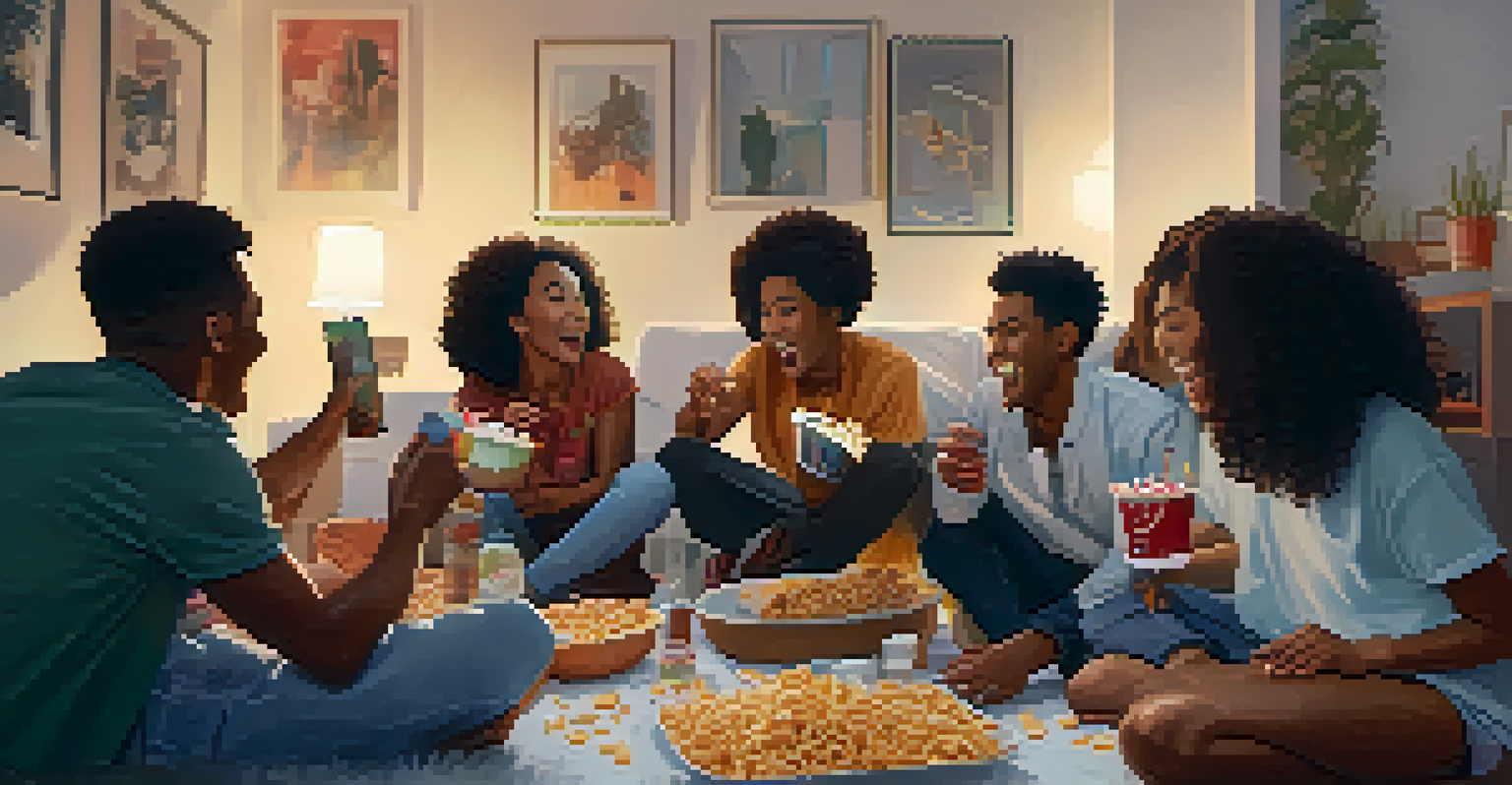 A diverse group of friends having a fun movie night with snacks and a projector casting a film on a wall.