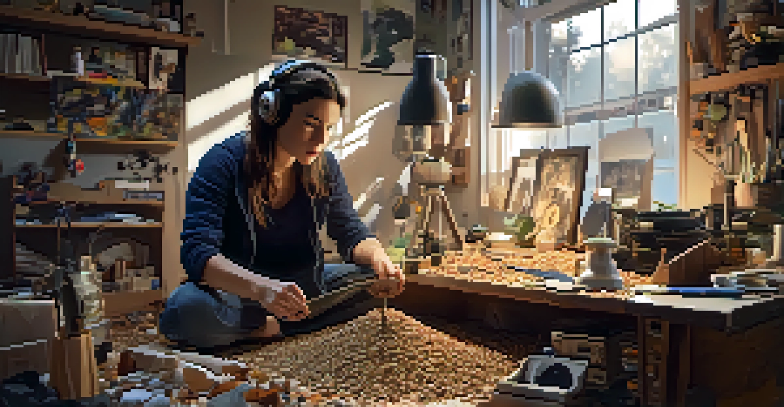 A foley artist crafting sound effects with everyday objects in a creative workspace.