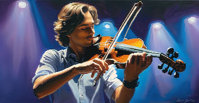 A musician playing a violin on a dimly lit stage, illuminated by soft blue and purple lights.