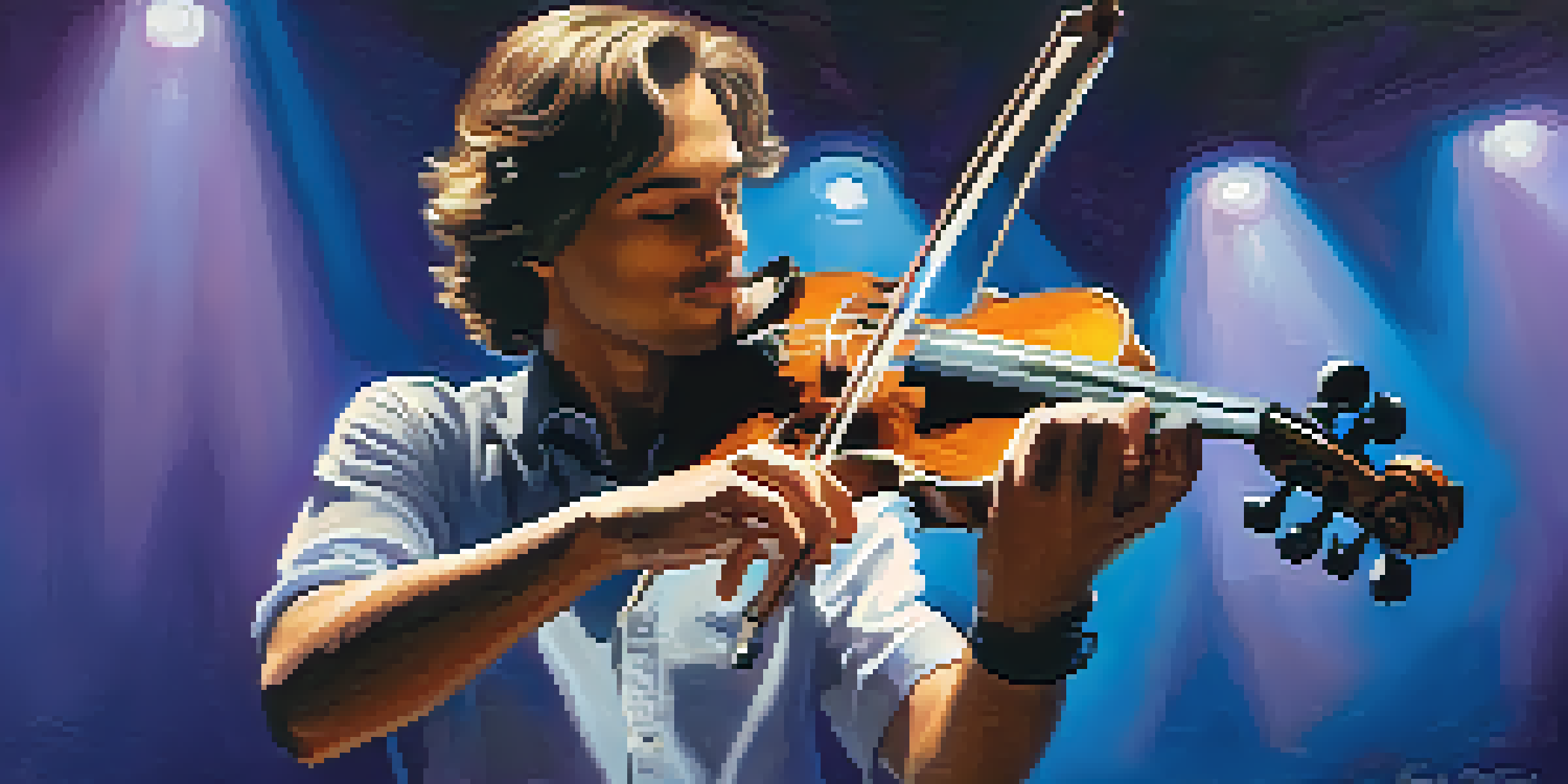 A musician playing a violin on a dimly lit stage, illuminated by soft blue and purple lights.