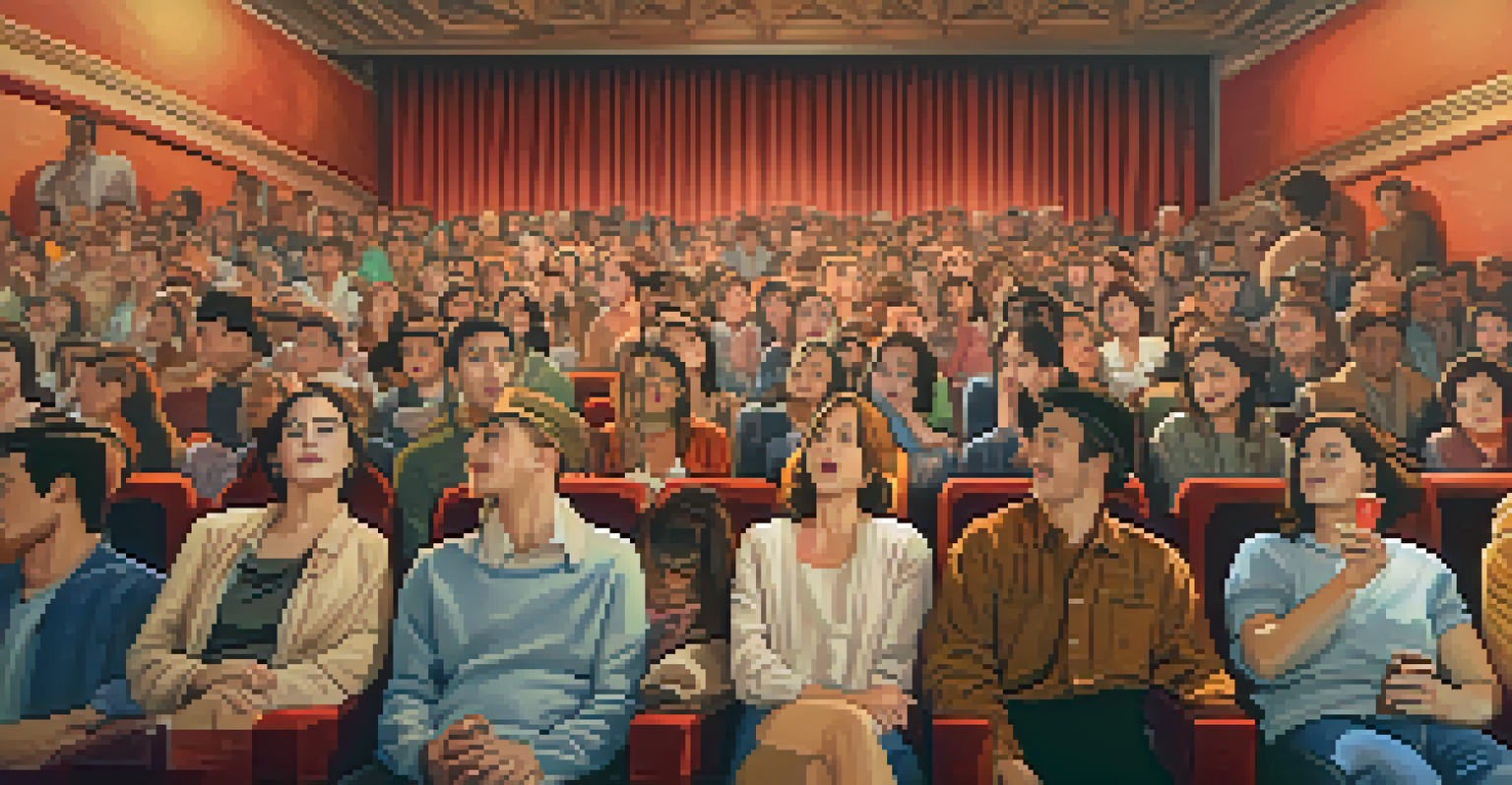 A crowded cinema with diverse audiences watching a biopic film, displaying a range of emotions.