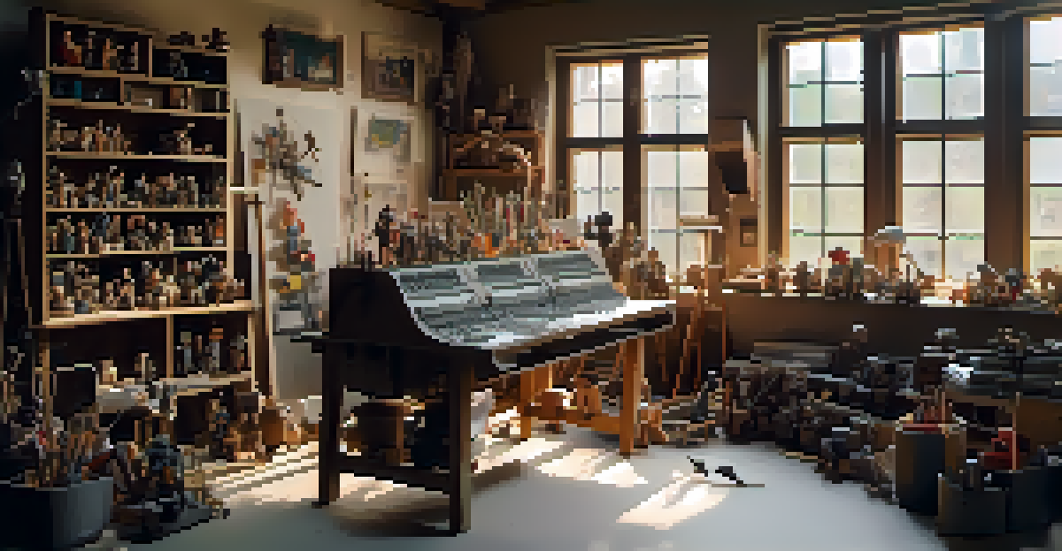 An animation studio with puppets and clay figures, natural light streaming through a window, and tools scattered around.