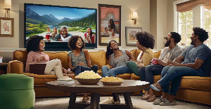 A cozy living room filled with diverse friends laughing while watching a comedy show on television, with warm lighting and framed photos on the walls.