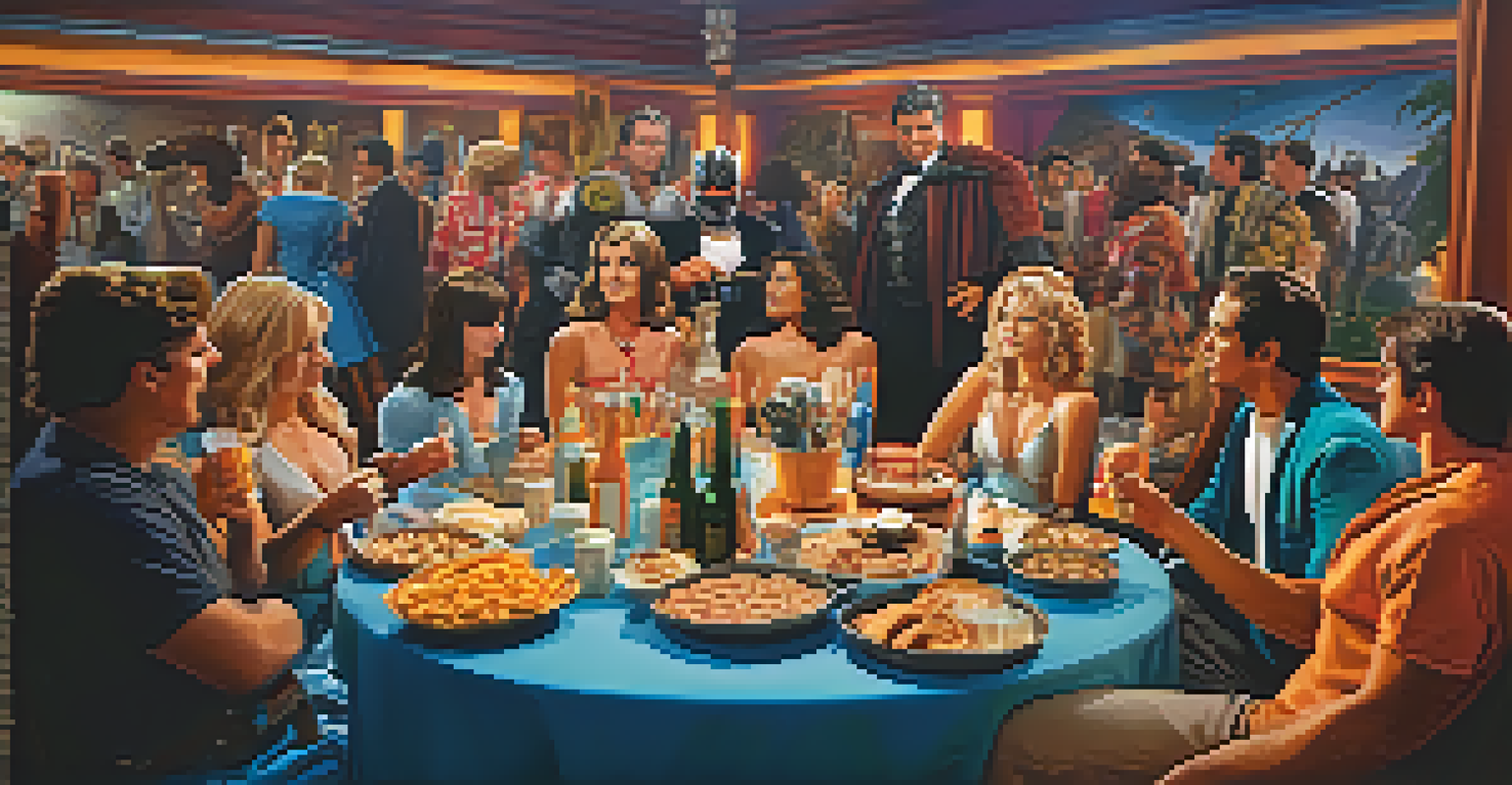 Fans dressed in costumes celebrating a cult classic film at a lively themed party with decorations and a large screen.