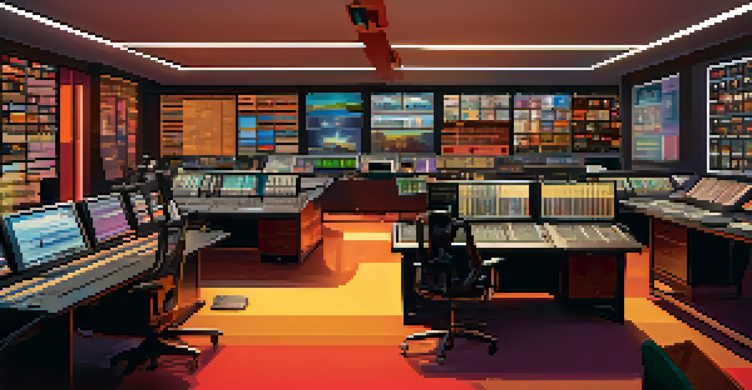 A vibrant film editing room with screens showing scenes, an editor working with a control panel amidst colorful timelines.