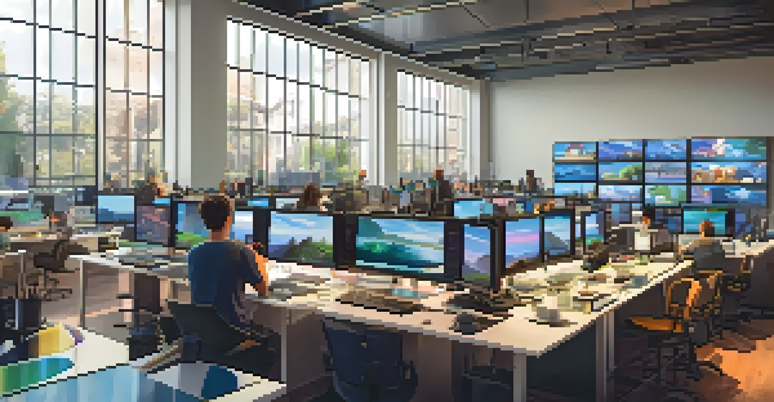 A modern animation studio with animators at high-tech computers and colorful animated scenes.