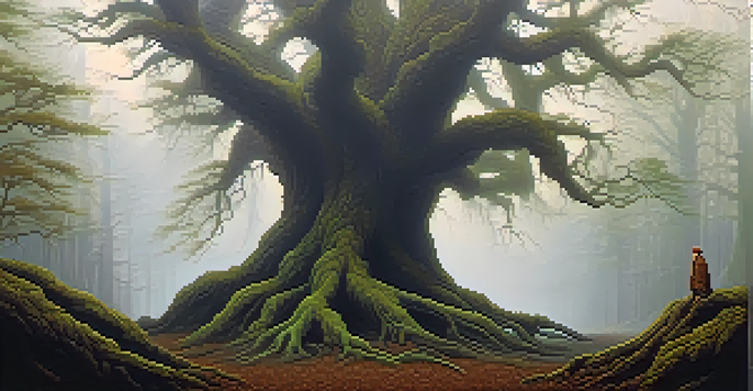 A foggy forest with a silhouette of a person standing in front of a gnarled tree, creating an eerie atmosphere.