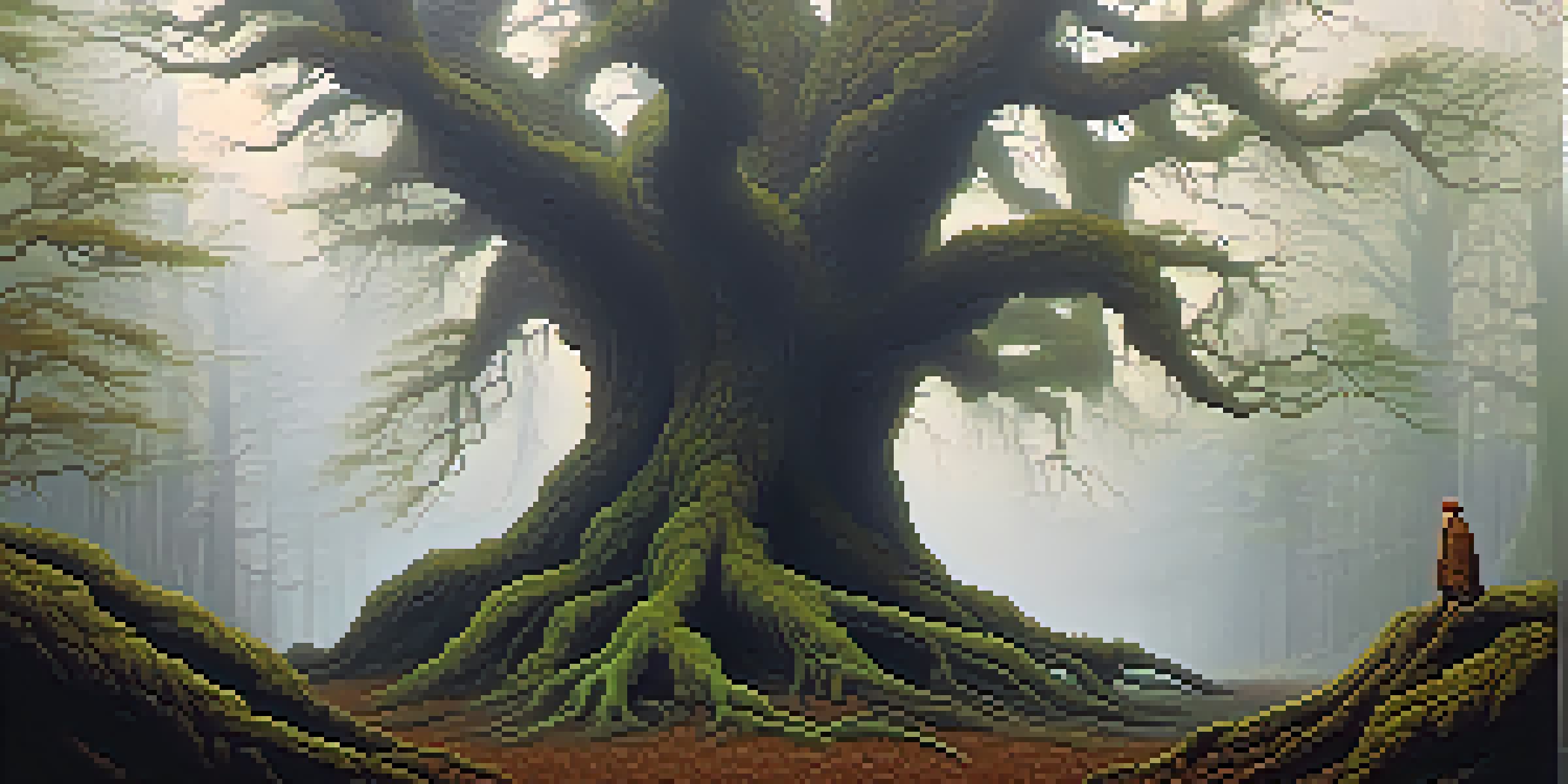 A foggy forest with a silhouette of a person standing in front of a gnarled tree, creating an eerie atmosphere.