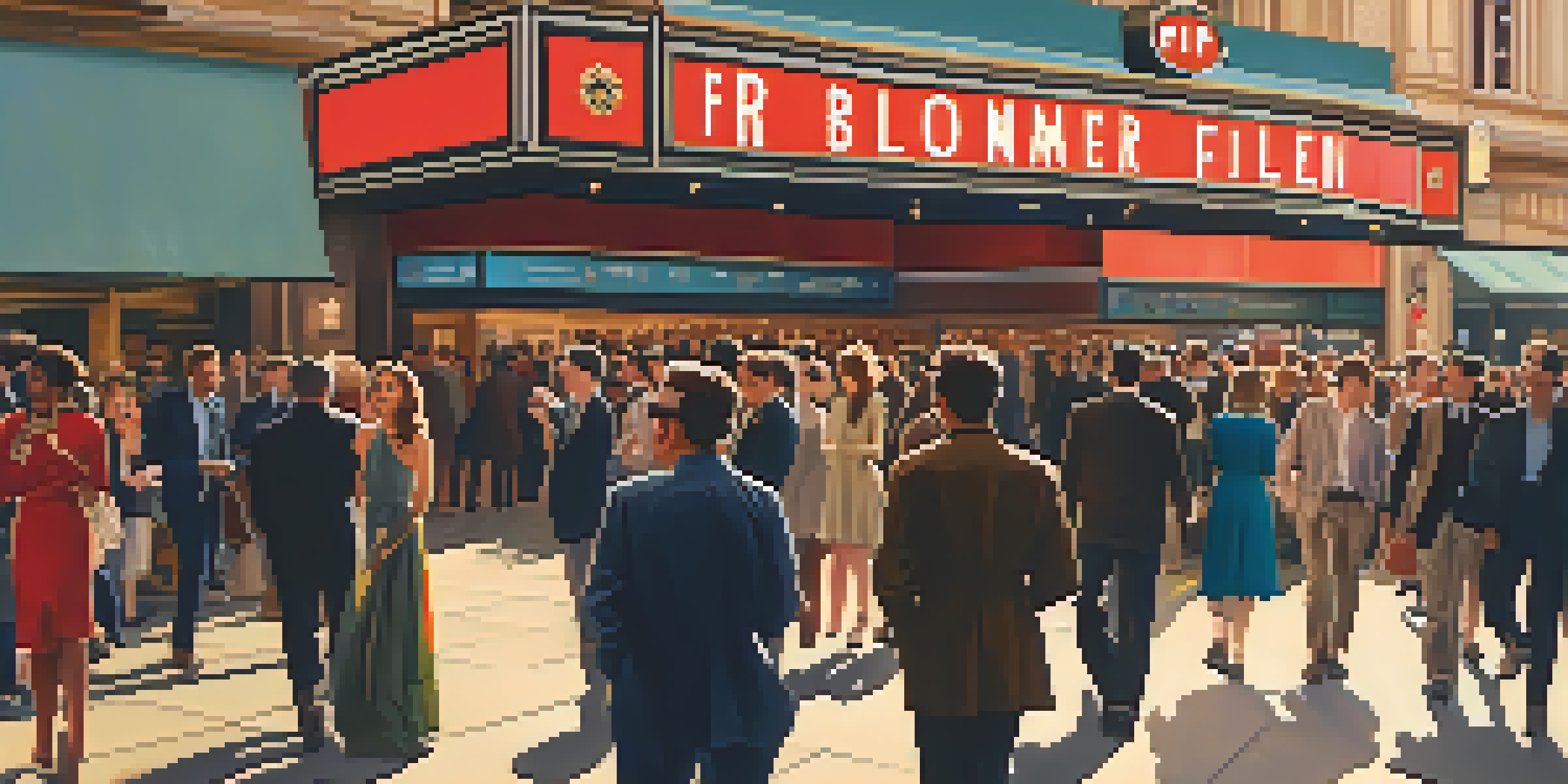 A lively scene at the BFI London Film Festival with a diverse crowd outside a historic cinema, colorful banners, and a warm golden hour glow.