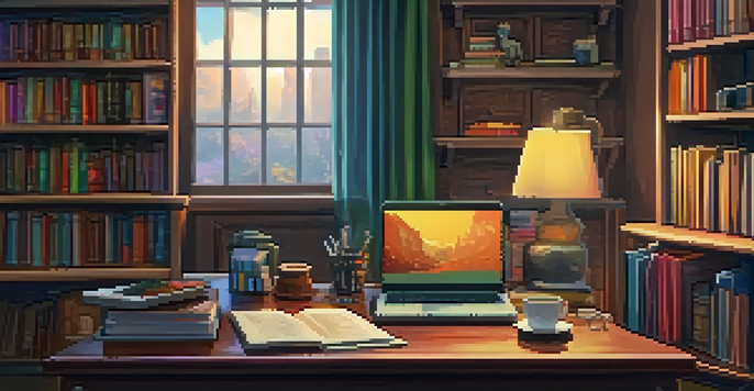 A cozy home office with a vintage desk and laptop, surrounded by shelves of film-related books, illuminated by warm sunlight.