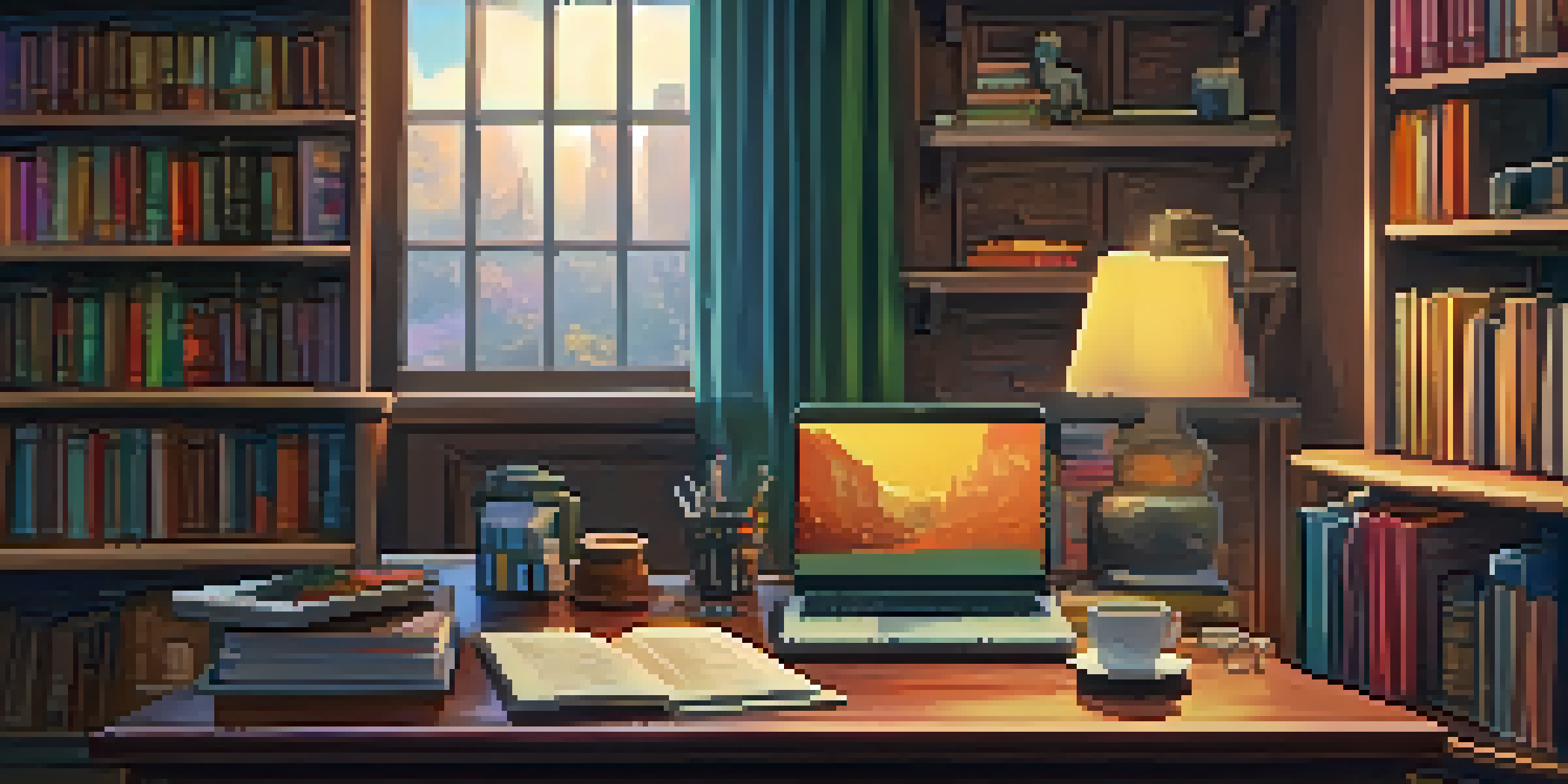 A cozy home office with a vintage desk and laptop, surrounded by shelves of film-related books, illuminated by warm sunlight.