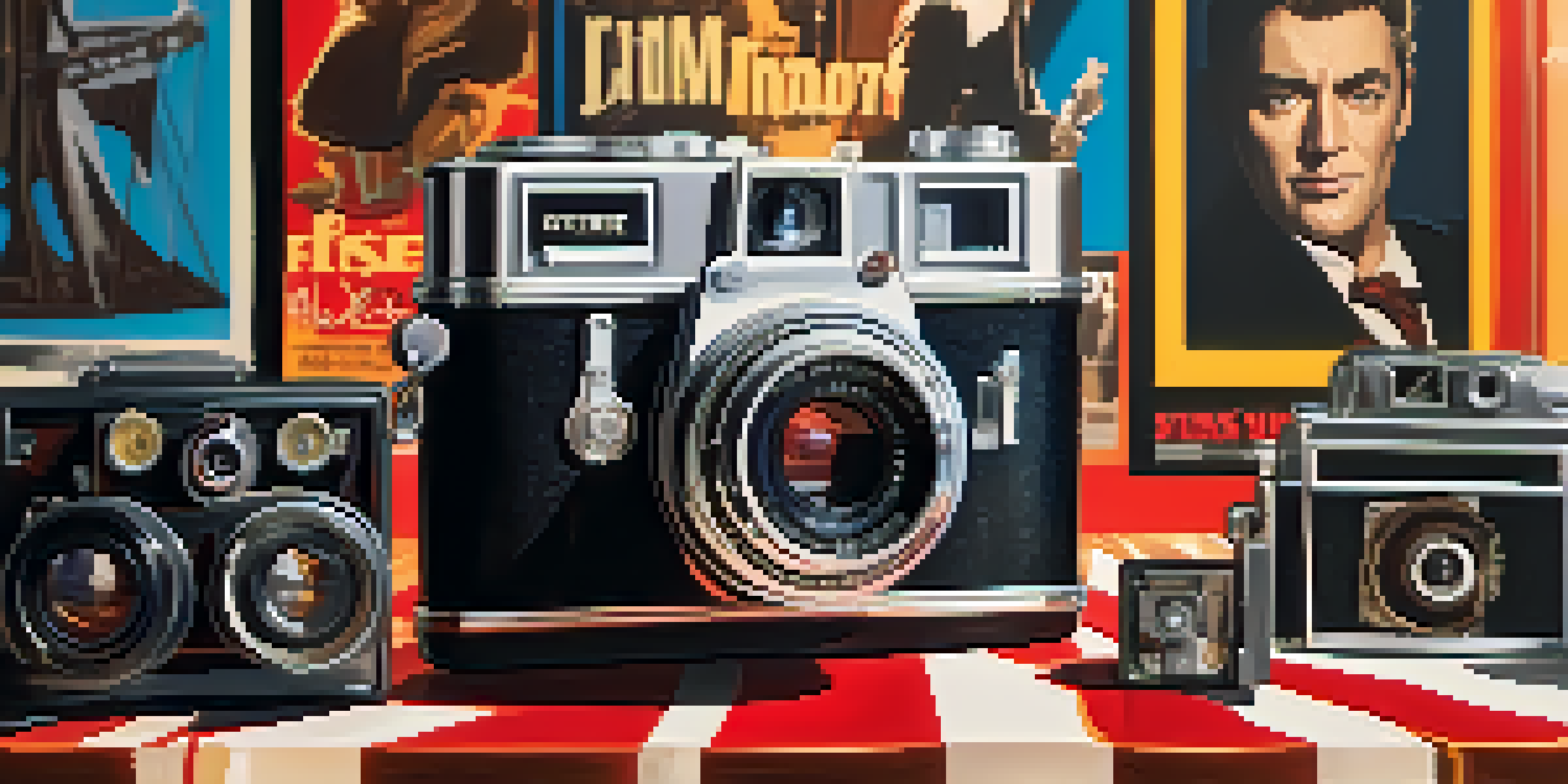 A vintage film camera in front of classic movie posters, highlighted by warm lighting.