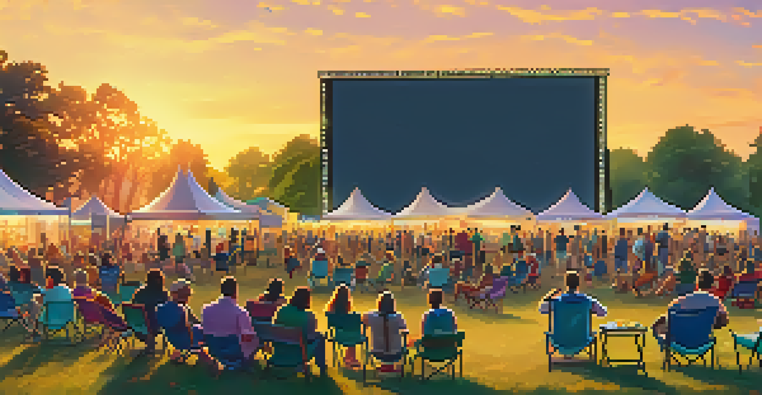 An outdoor film festival at sunset with an audience watching a film on a large screen surrounded by food trucks.