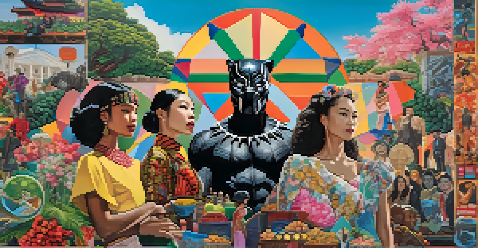 A colorful collage of iconic movie scenes representing cultural hybridity in film.