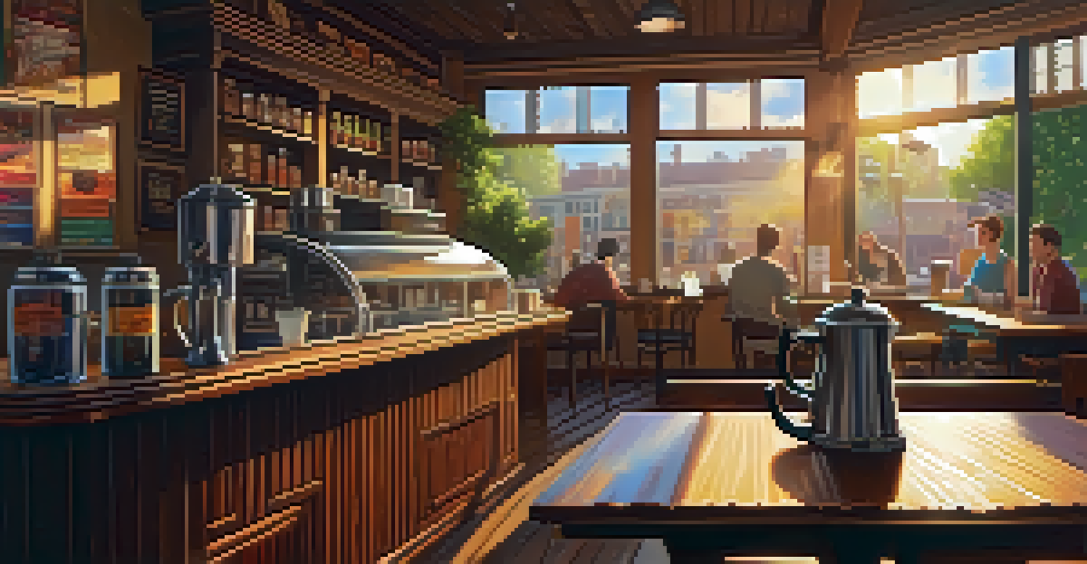 A warm and inviting coffee shop interior with a table holding a cup of coffee and an open book.