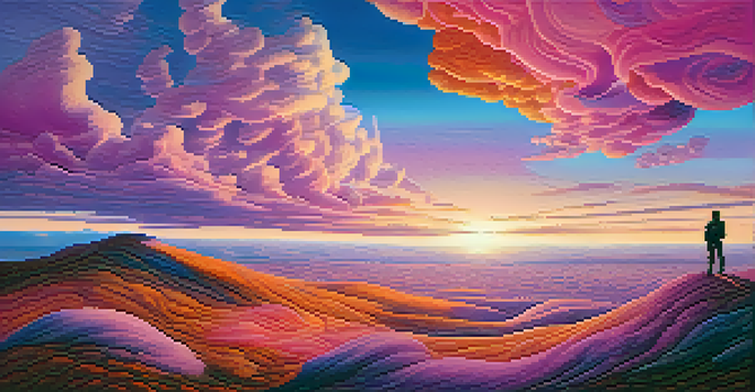 A surreal landscape with abstract shapes, vibrant colors, and a figure standing on a hill gazing at a colorful sunset.