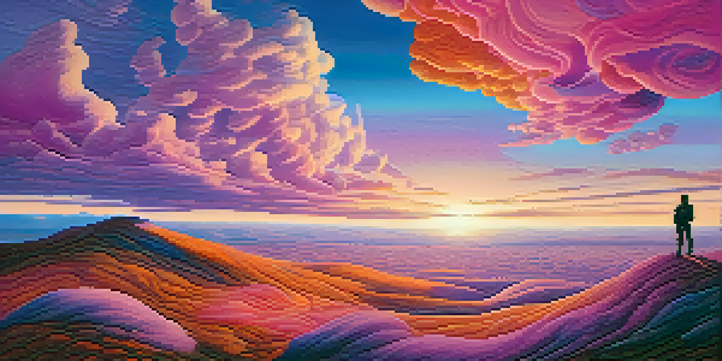 A surreal landscape with abstract shapes, vibrant colors, and a figure standing on a hill gazing at a colorful sunset.