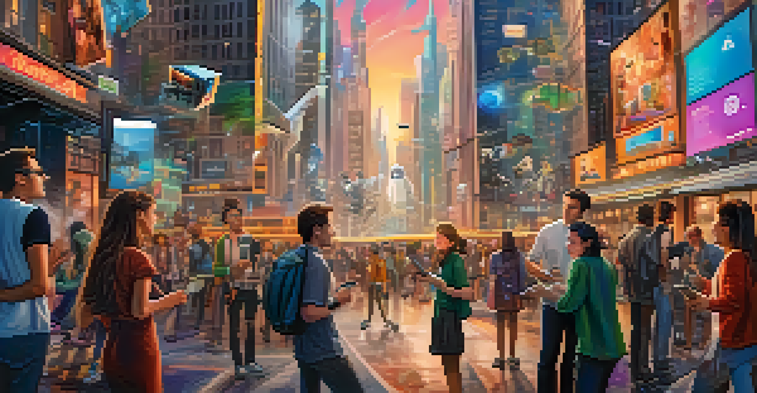 A creative fusion of a movie scene and social media elements, with characters interacting in a colorful cityscape.