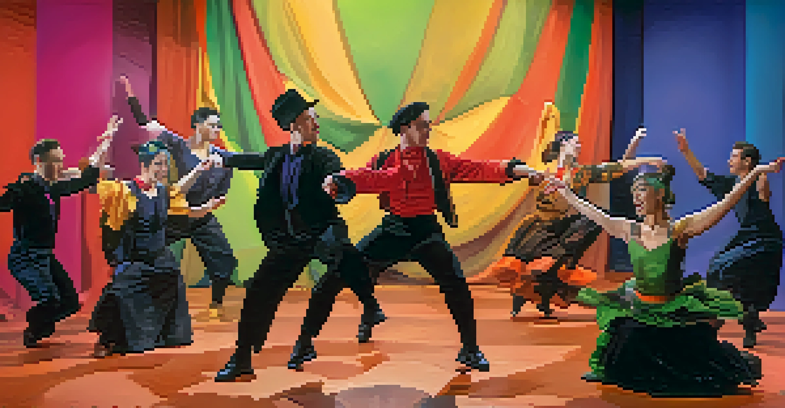 A dynamic ensemble of performers on stage, showcasing diverse physical theatre techniques and colorful props.