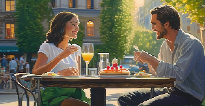 A couple enjoying dessert at an outdoor cafe under warm sunlight, with flowers on the table and greenery in the background.