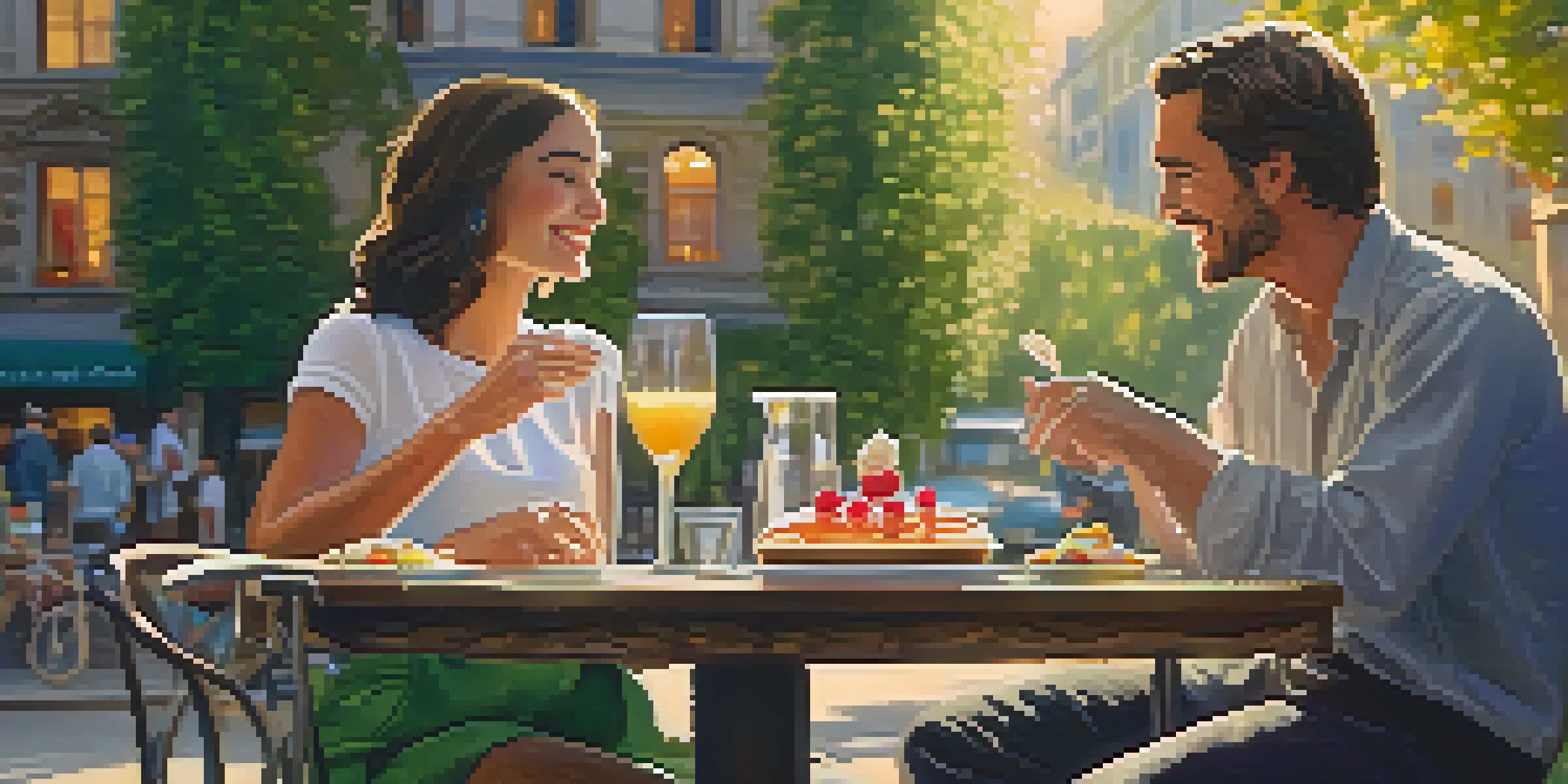 A couple enjoying dessert at an outdoor cafe under warm sunlight, with flowers on the table and greenery in the background.
