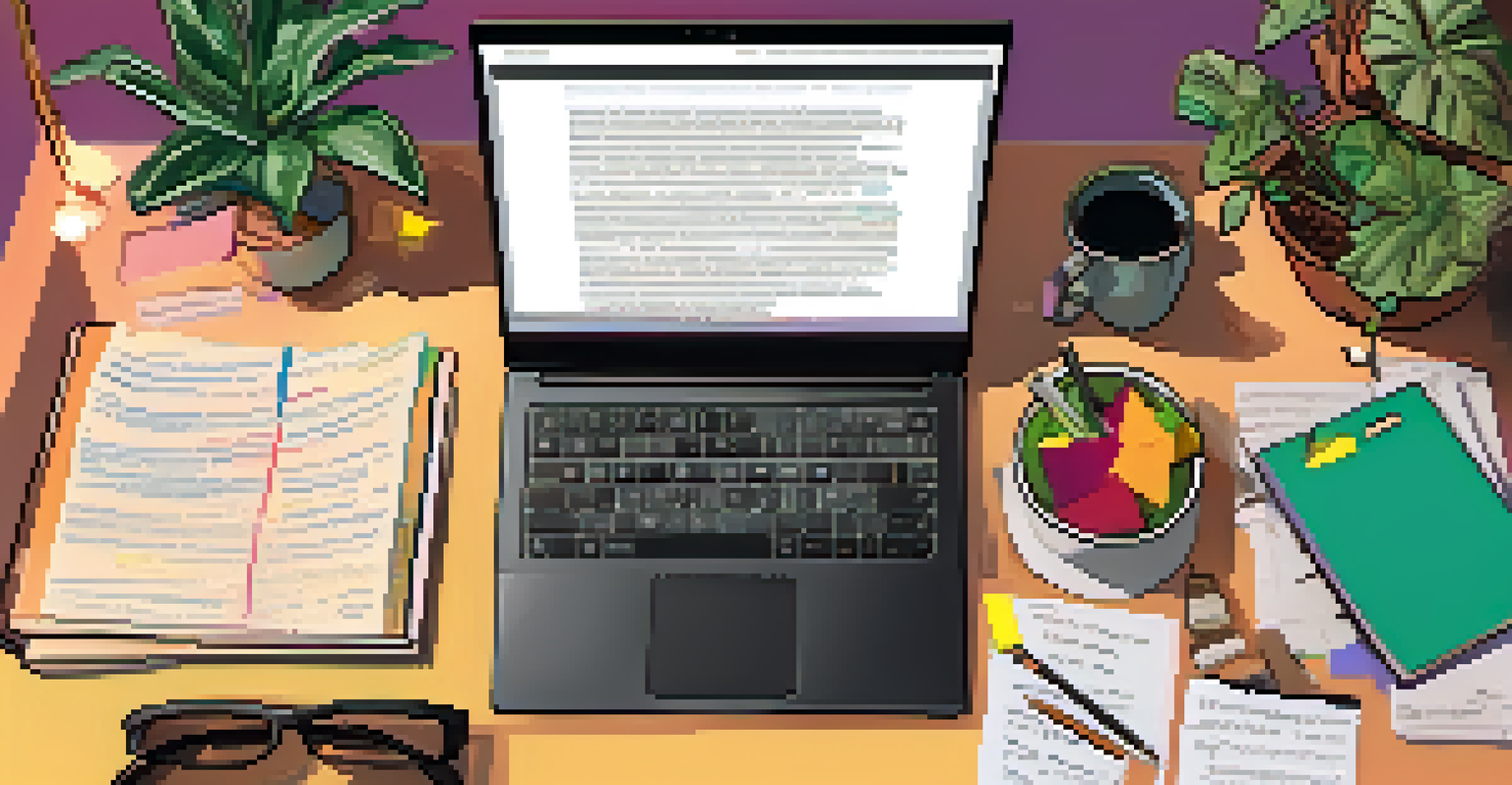 An overhead view of a cluttered screenwriter's workspace featuring a laptop, notes, and sticky notes, illuminated by warm lighting.