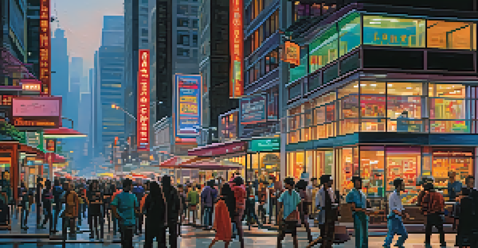 A lively city street at dusk with neon lights, pedestrians, skyscrapers, and a street musician.