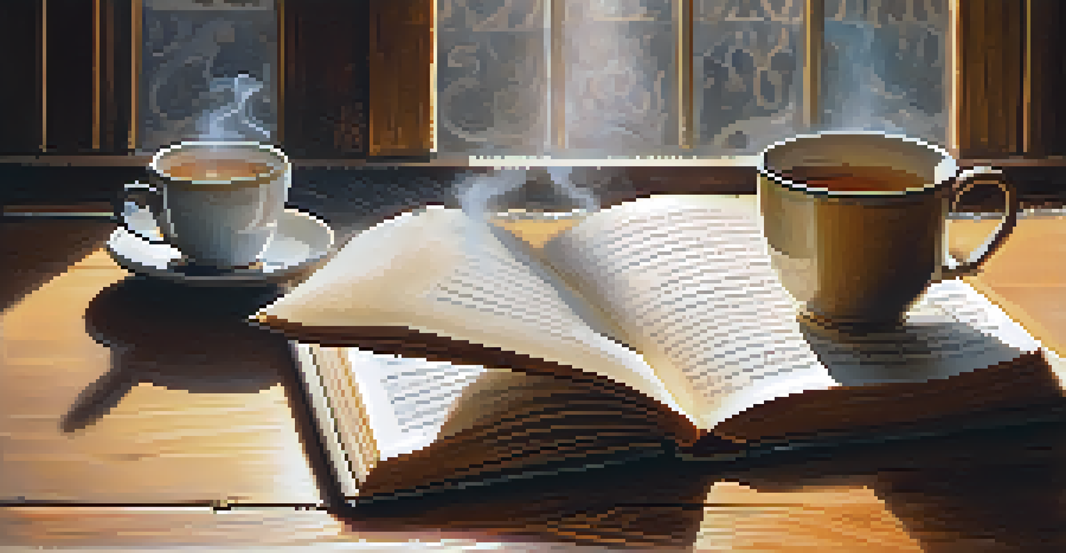 An open book with handwritten notes and a cup of tea on a wooden table, illuminated by soft morning light.