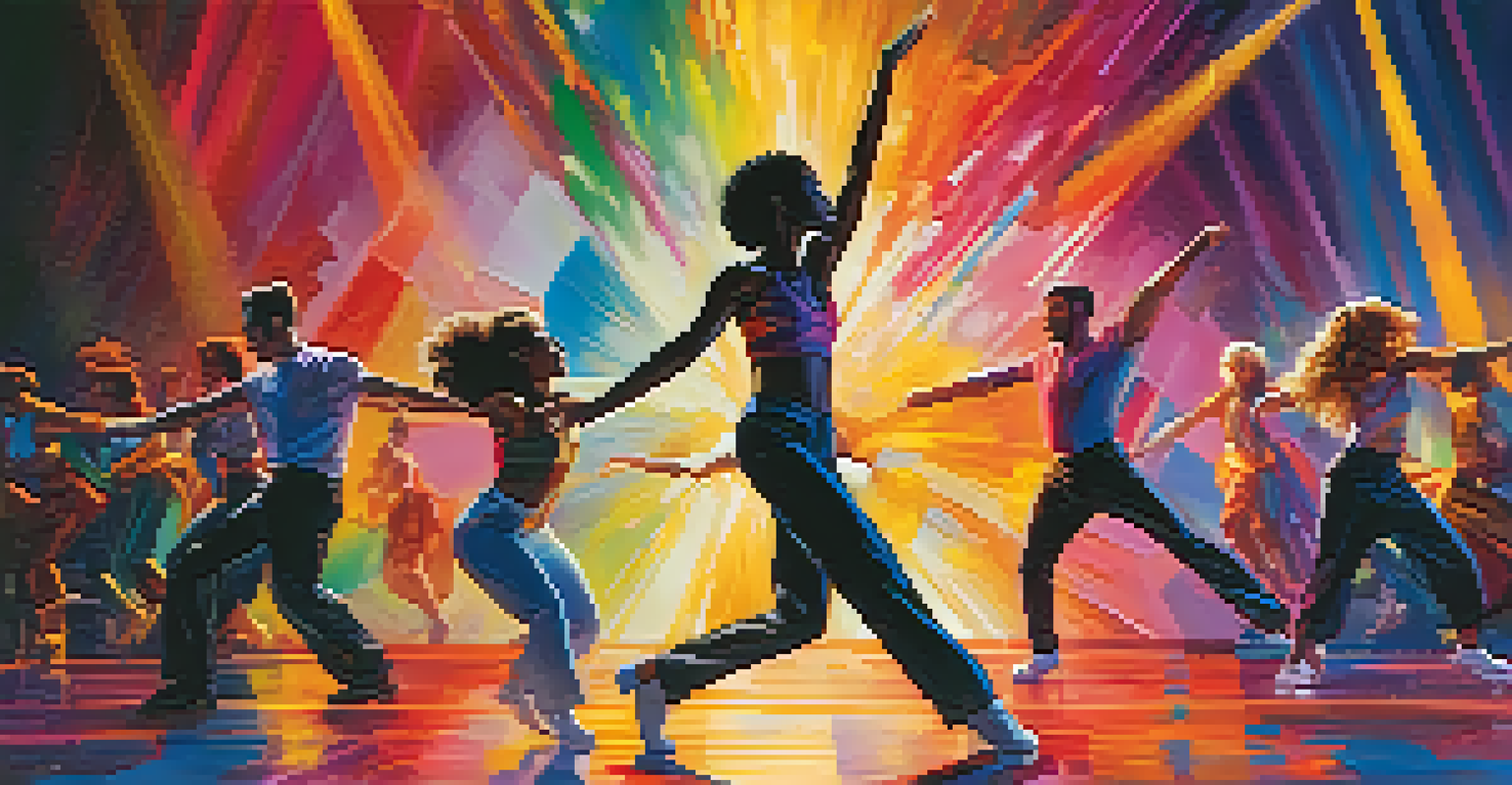 A dynamic dance number on stage with diverse performers, illuminated by colorful spotlights and an abstract artistic backdrop.