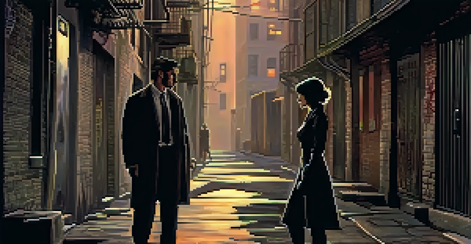 A male and female character in a shadowy alleyway, engaged in a tense confrontation under a streetlamp.