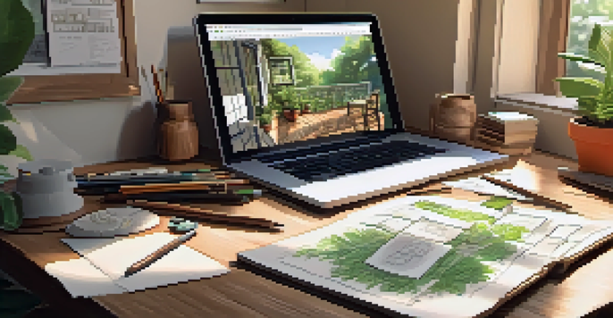 A sunlit room with storyboards on the wall, a wooden table with sketching tools and a laptop, and a plant in the corner.