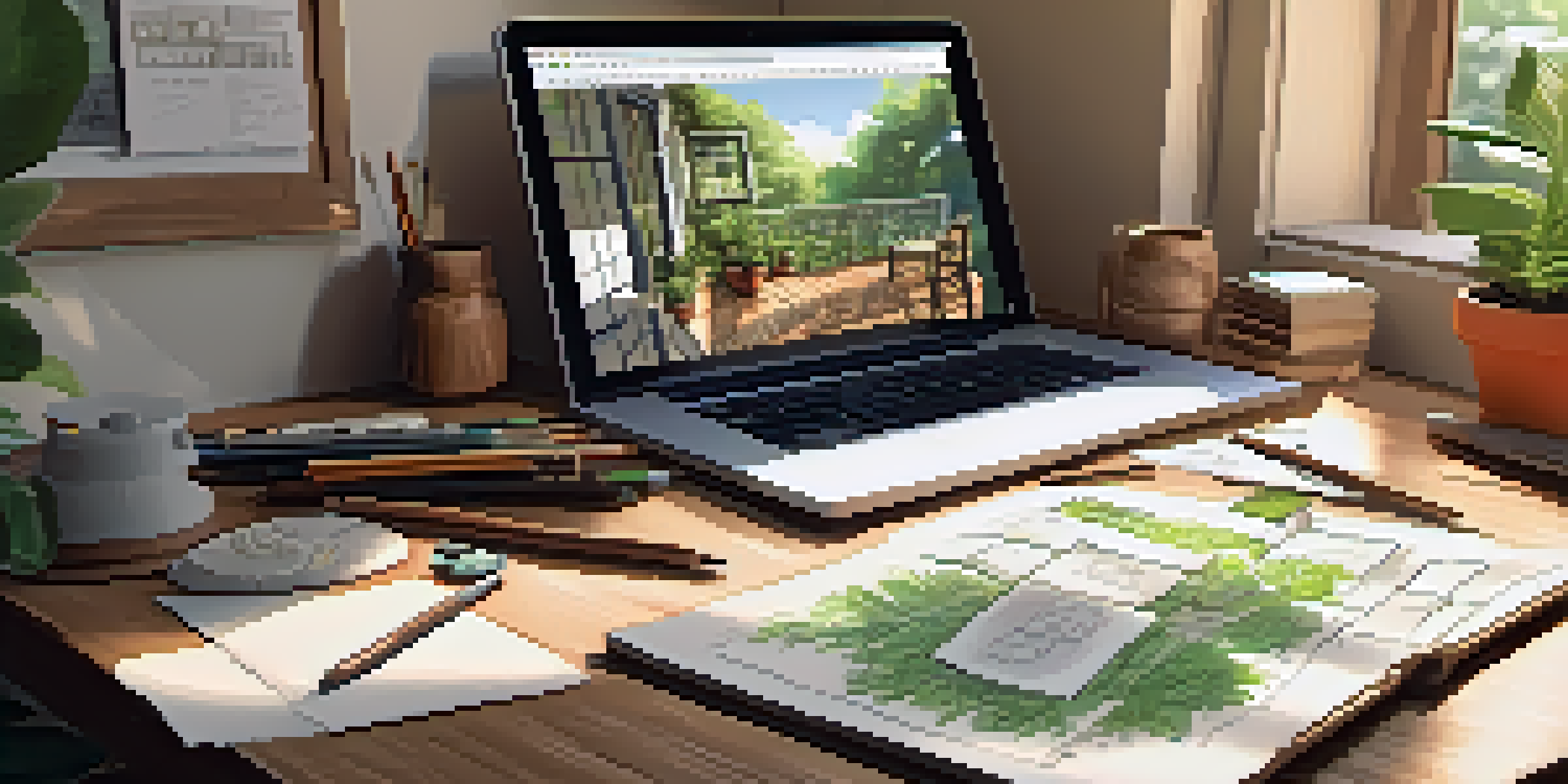 A sunlit room with storyboards on the wall, a wooden table with sketching tools and a laptop, and a plant in the corner.