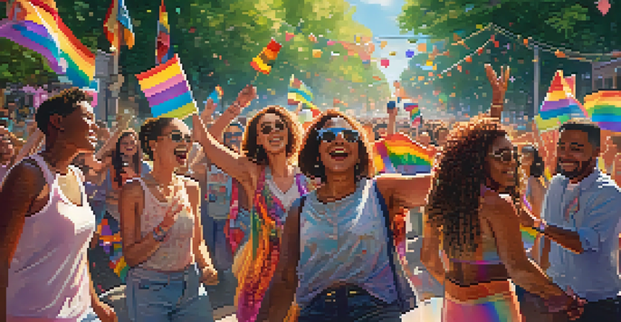A colorful pride parade with diverse trans individuals celebrating, surrounded by rainbow flags and confetti in a sunny street.