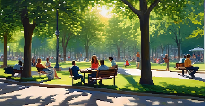 A peaceful park with diverse people reading and conversing under green trees, sunlight filtering through leaves.