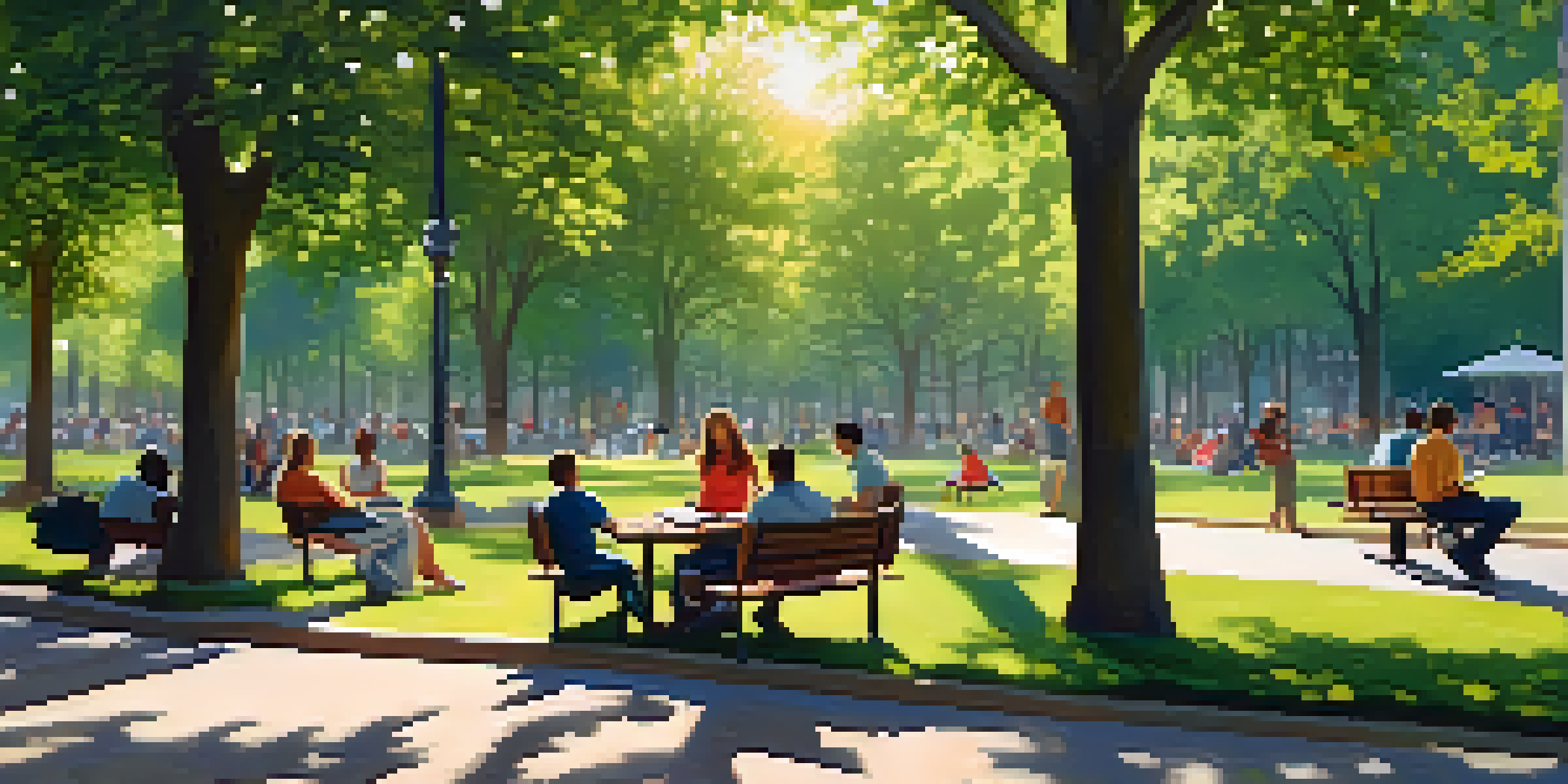 A peaceful park with diverse people reading and conversing under green trees, sunlight filtering through leaves.