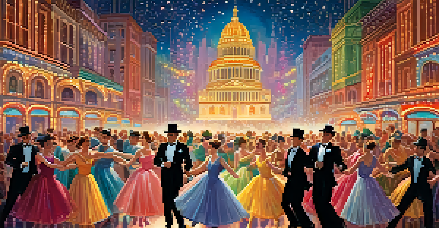A colorful scene depicting dancers in 1930s costumes performing on a grand stage, surrounded by dazzling lights and a fantastical cityscape backdrop.