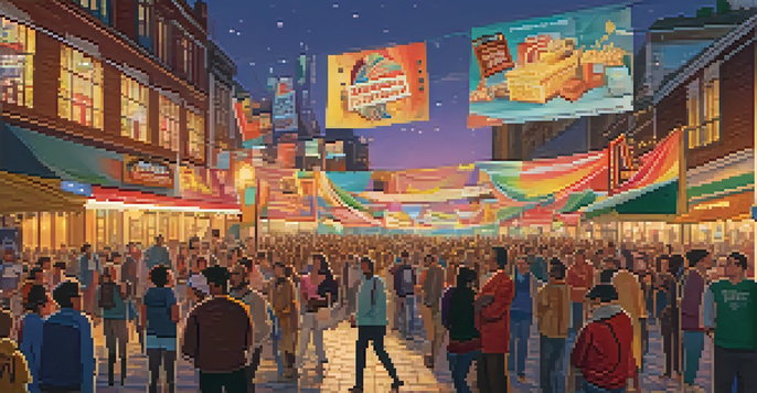 A lively film festival in an illuminated city square with a diverse crowd watching a film on an outdoor screen.