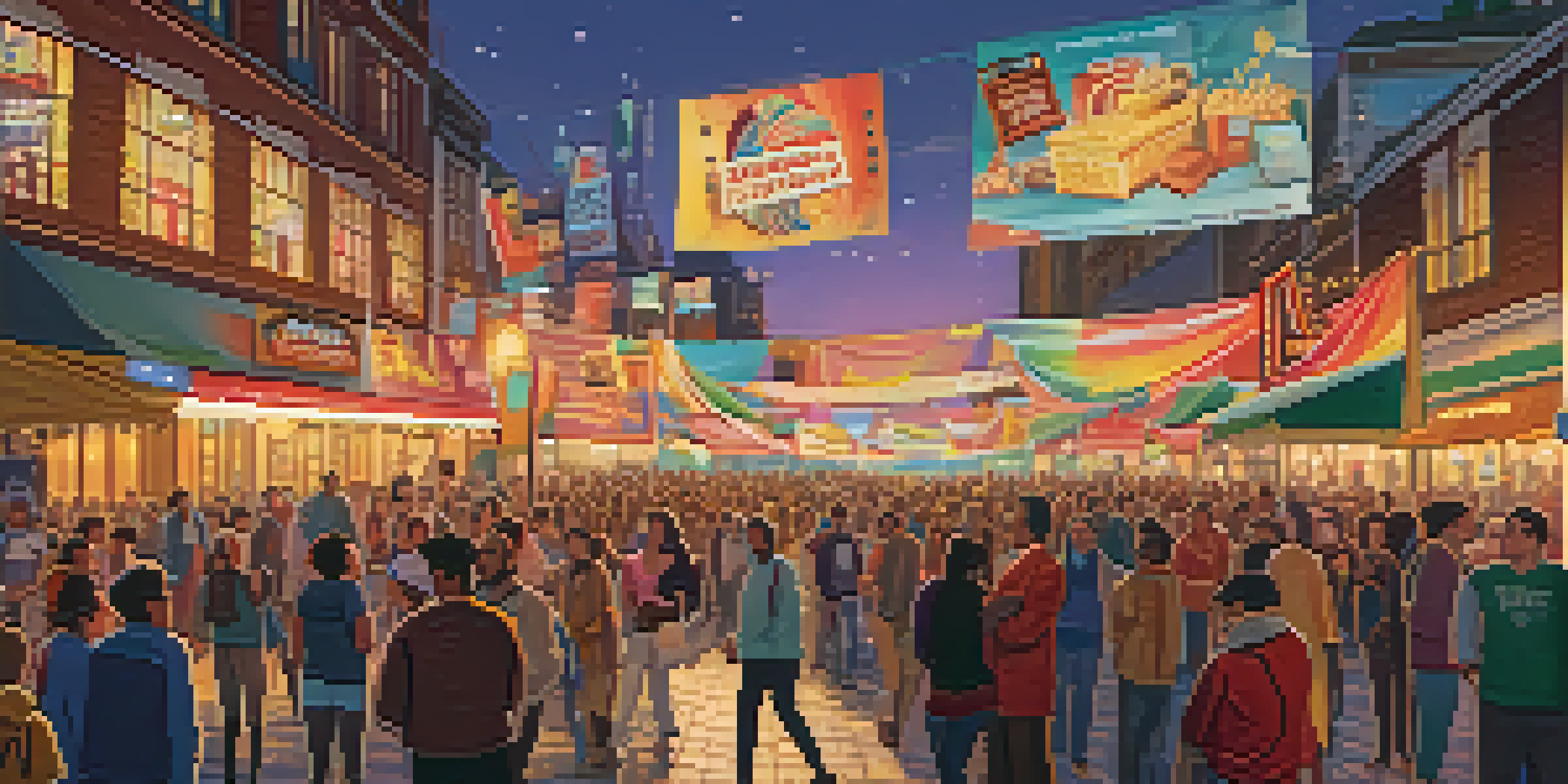 A lively film festival in an illuminated city square with a diverse crowd watching a film on an outdoor screen.