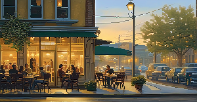 A warm café scene with wooden tables and soft lighting, creating an inviting atmosphere.