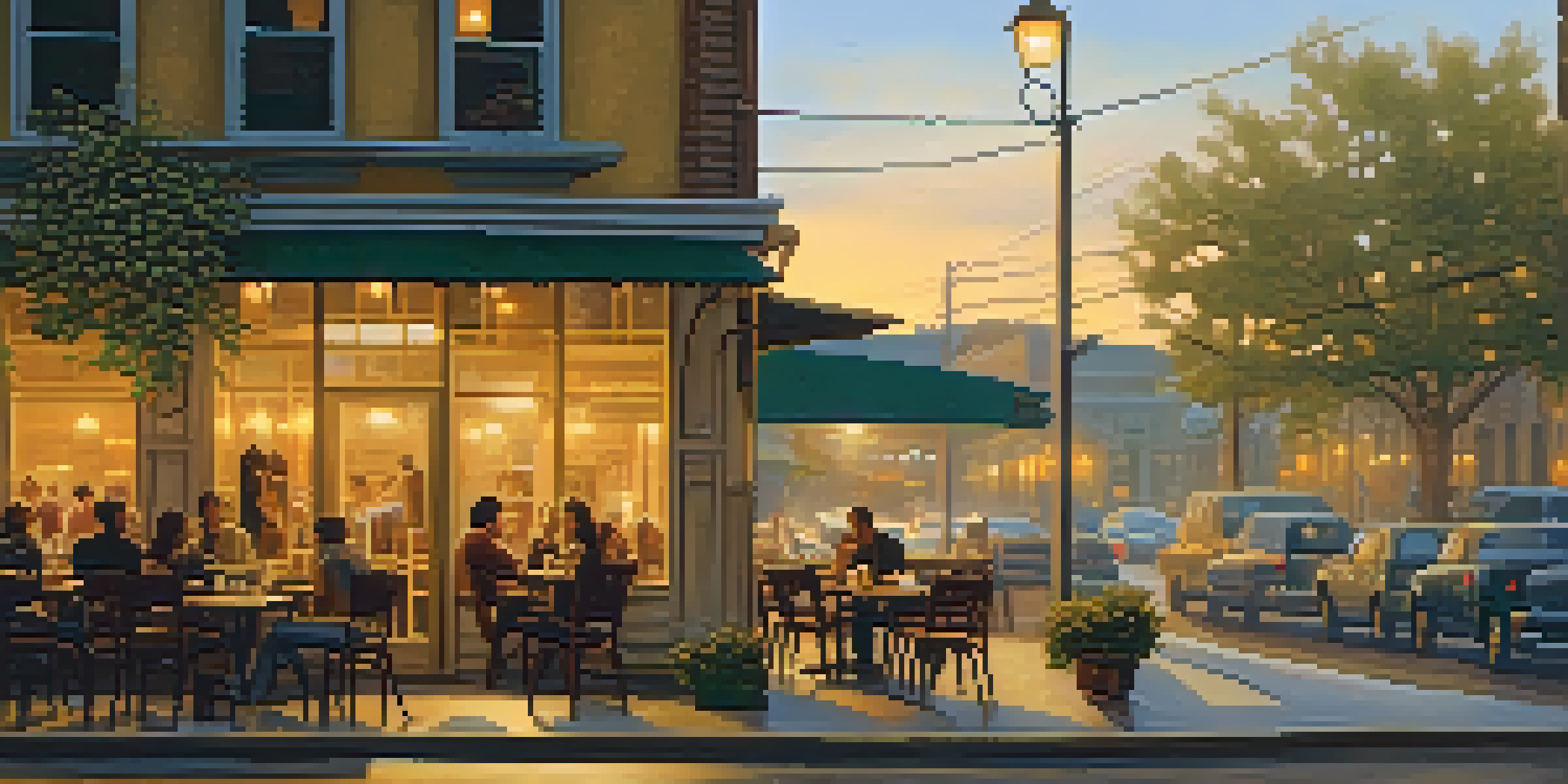 A warm café scene with wooden tables and soft lighting, creating an inviting atmosphere.